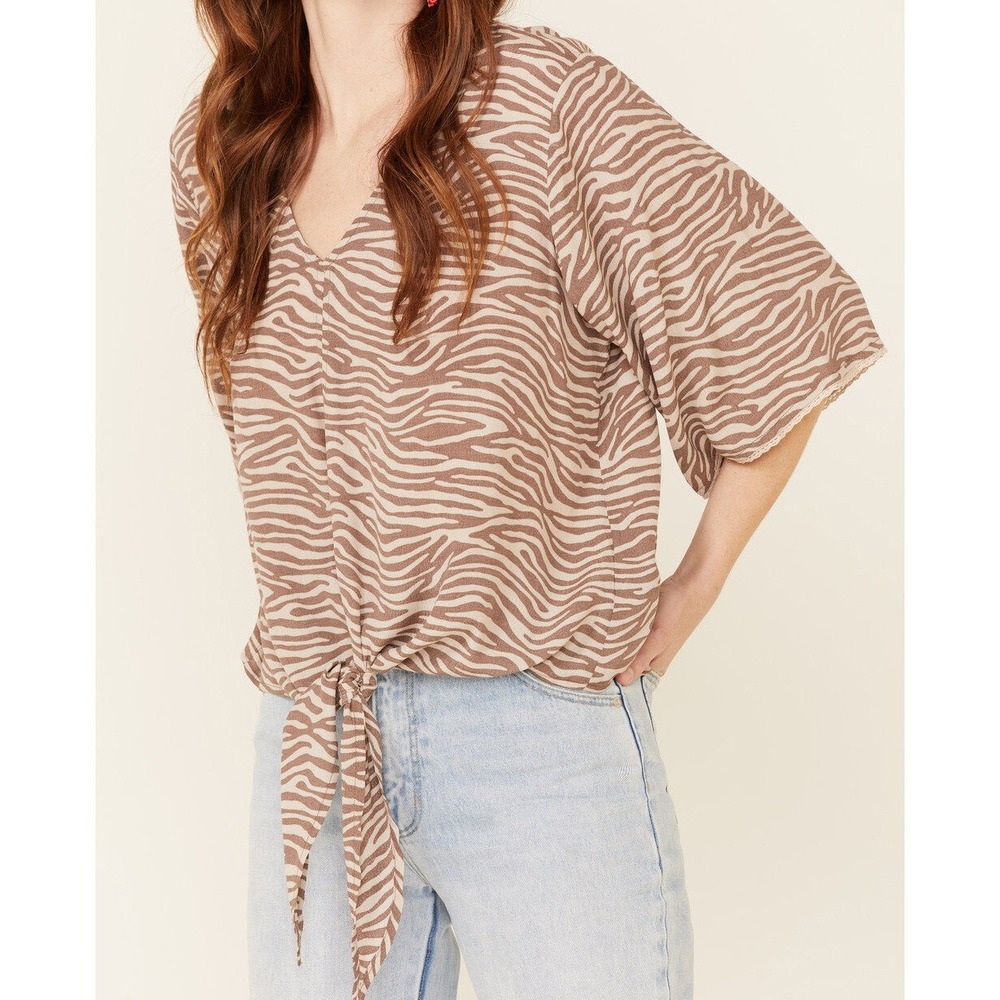 Ariat Women's Brown Zebra Print V-Neck‎ Tie Front Short Sleeve Top S/P